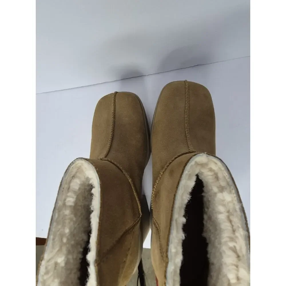UGG New Heights Platform Mini Boot Tan Suede Shearling Lined Heel Women’s Size 8